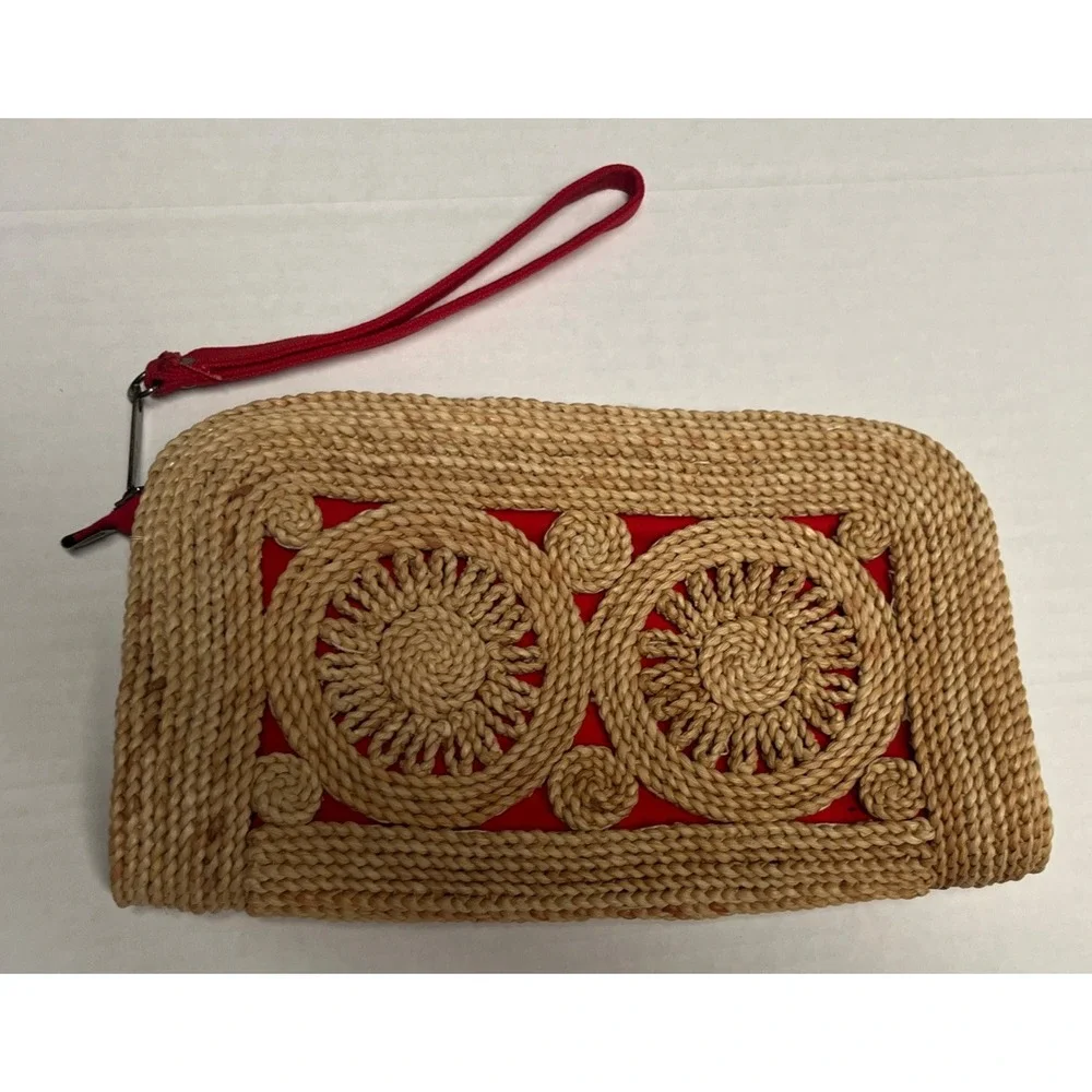 Vintage MCI Straw Clutch Wristlet Red Handwoven Raffia Boho Summer Bag 1970s